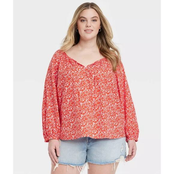 Universal Thread Women's Boho Ditsy Floral Top Blouse Peasant Size 2XL Red White - Picture 1 of 7